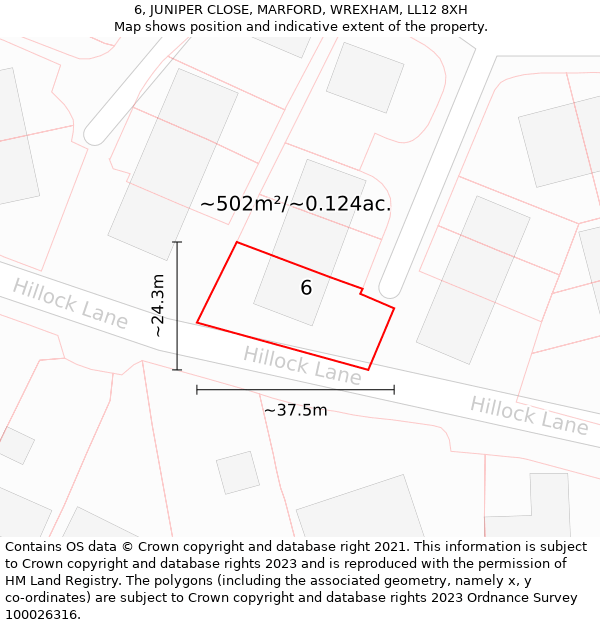 6, JUNIPER CLOSE, MARFORD, WREXHAM, LL12 8XH: Plot and title map