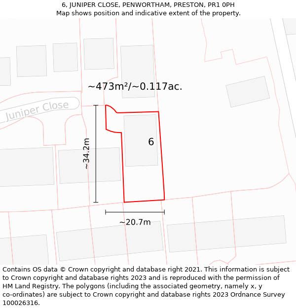 6, JUNIPER CLOSE, PENWORTHAM, PRESTON, PR1 0PH: Plot and title map