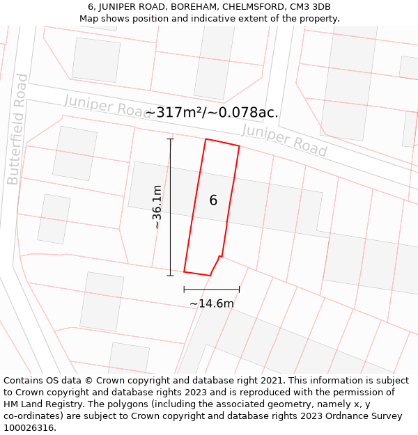 6, JUNIPER ROAD, BOREHAM, CHELMSFORD, CM3 3DB: Plot and title map