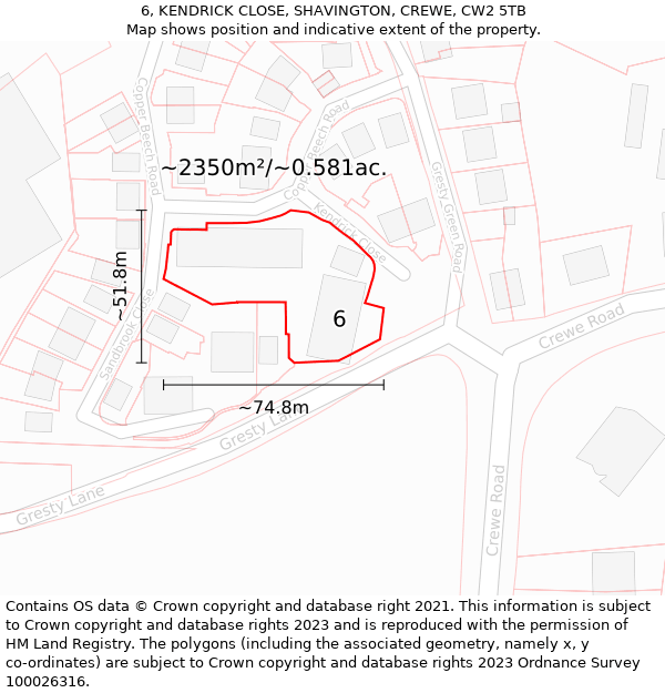 6, KENDRICK CLOSE, SHAVINGTON, CREWE, CW2 5TB: Plot and title map