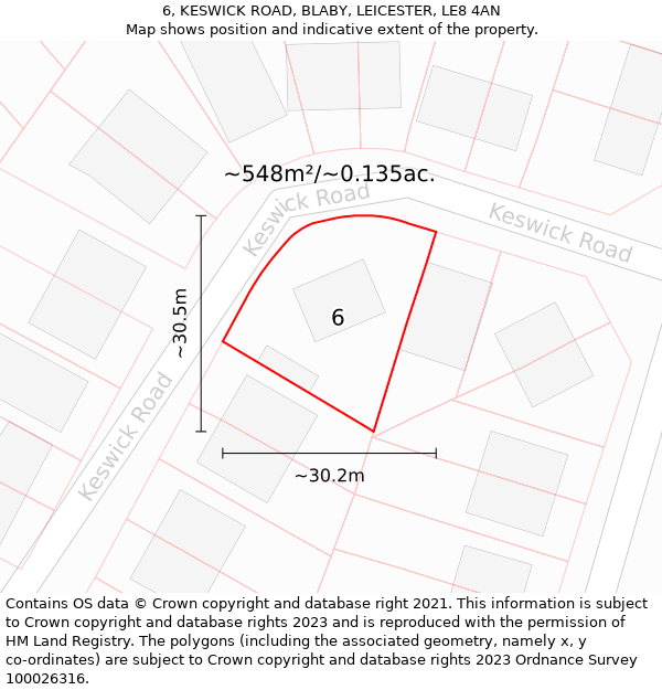 6, KESWICK ROAD, BLABY, LEICESTER, LE8 4AN: Plot and title map
