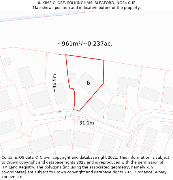 6, KIME CLOSE, FOLKINGHAM, SLEAFORD, NG34 0UF: Plot and title map