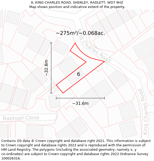 6, KING CHARLES ROAD, SHENLEY, RADLETT, WD7 9HZ: Plot and title map