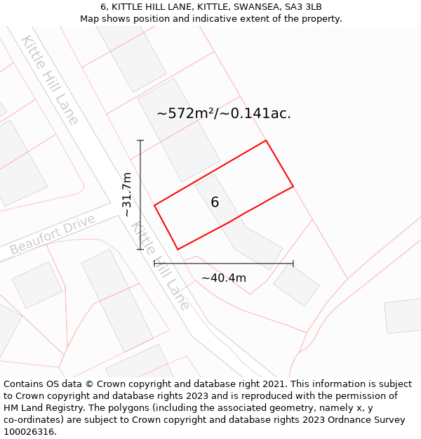 6, KITTLE HILL LANE, KITTLE, SWANSEA, SA3 3LB: Plot and title map