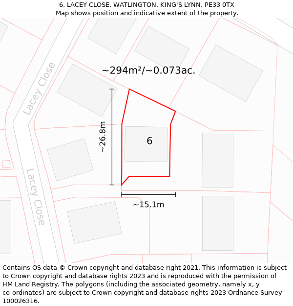 6, LACEY CLOSE, WATLINGTON, KING'S LYNN, PE33 0TX: Plot and title map