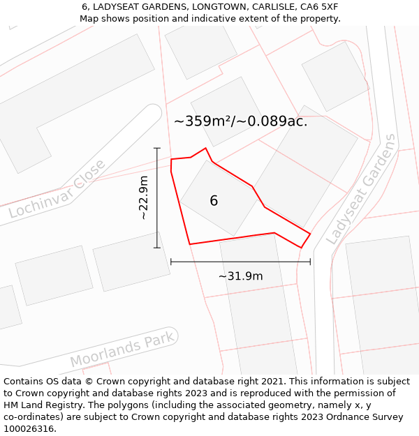 6, LADYSEAT GARDENS, LONGTOWN, CARLISLE, CA6 5XF: Plot and title map