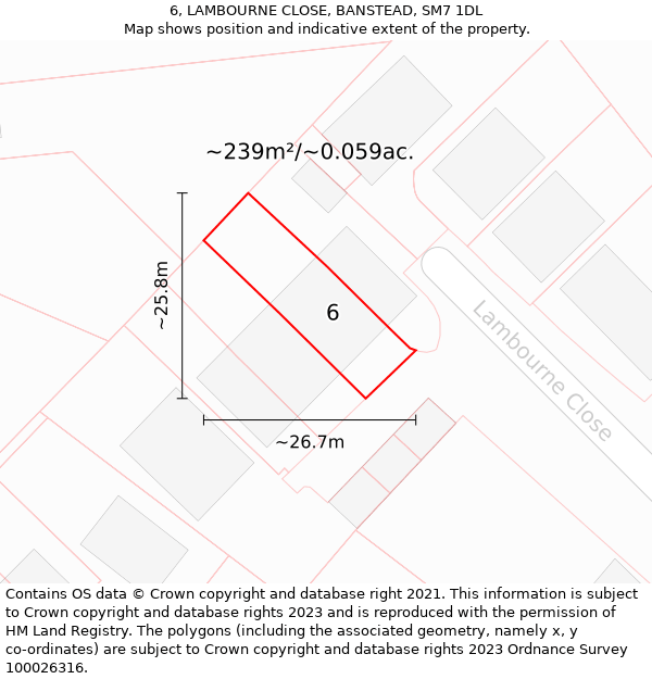 6, LAMBOURNE CLOSE, BANSTEAD, SM7 1DL: Plot and title map