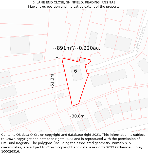 6, LANE END CLOSE, SHINFIELD, READING, RG2 9AS: Plot and title map
