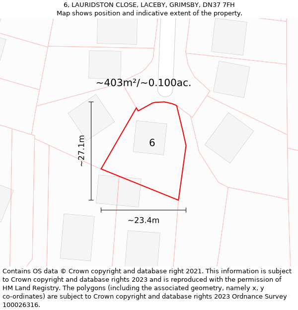 6, LAURIDSTON CLOSE, LACEBY, GRIMSBY, DN37 7FH: Plot and title map