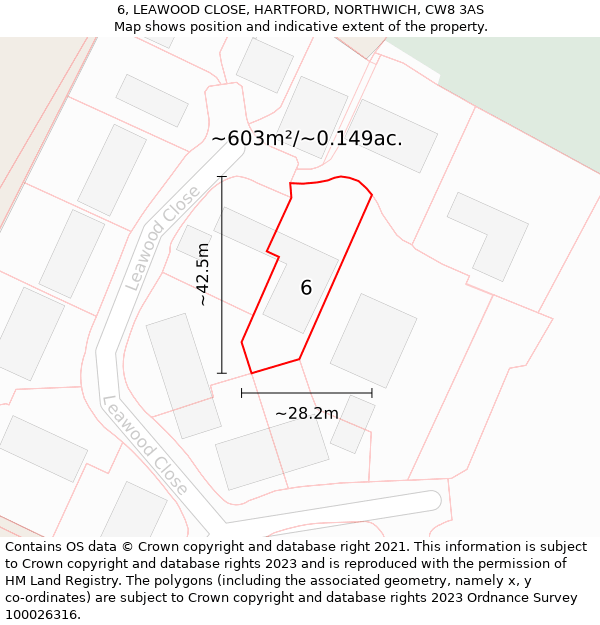 6, LEAWOOD CLOSE, HARTFORD, NORTHWICH, CW8 3AS: Plot and title map