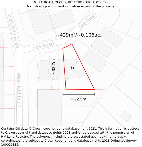 6, LEE ROAD, YAXLEY, PETERBOROUGH, PE7 3YZ: Plot and title map