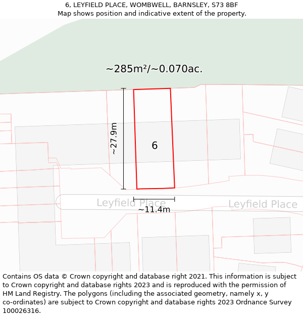 6, LEYFIELD PLACE, WOMBWELL, BARNSLEY, S73 8BF: Plot and title map