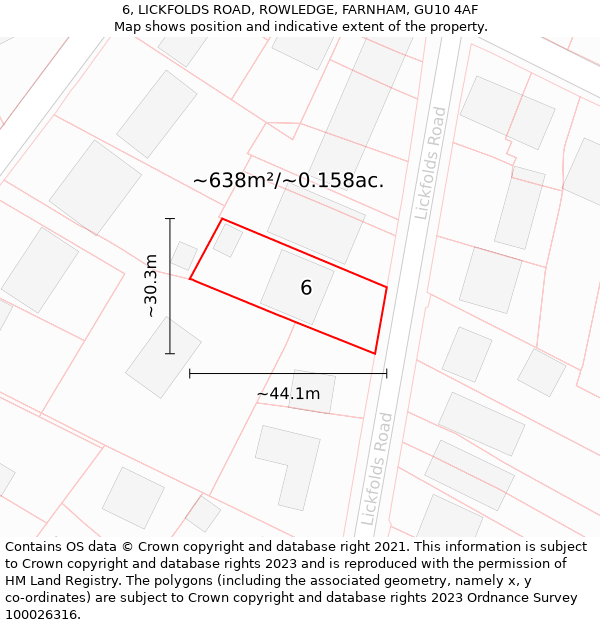 6, LICKFOLDS ROAD, ROWLEDGE, FARNHAM, GU10 4AF: Plot and title map