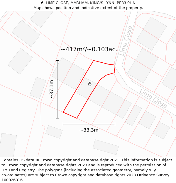 6, LIME CLOSE, MARHAM, KING'S LYNN, PE33 9HN: Plot and title map