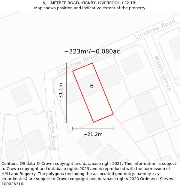 6, LIMETREE ROAD, KIRKBY, LIVERPOOL, L32 1BL: Plot and title map