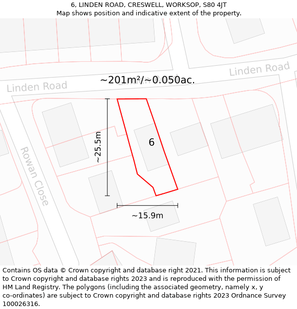 6, LINDEN ROAD, CRESWELL, WORKSOP, S80 4JT: Plot and title map