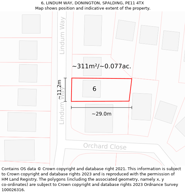 6, LINDUM WAY, DONINGTON, SPALDING, PE11 4TX: Plot and title map