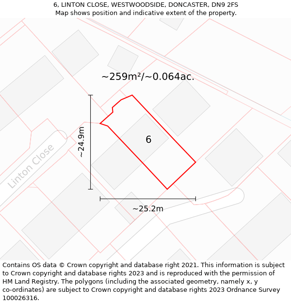 6, LINTON CLOSE, WESTWOODSIDE, DONCASTER, DN9 2FS: Plot and title map