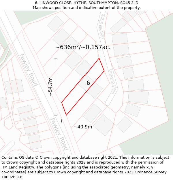 6, LINWOOD CLOSE, HYTHE, SOUTHAMPTON, SO45 3LD: Plot and title map