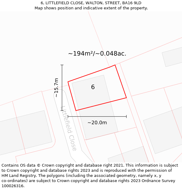 6, LITTLEFIELD CLOSE, WALTON, STREET, BA16 9LD: Plot and title map