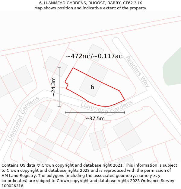 6, LLANMEAD GARDENS, RHOOSE, BARRY, CF62 3HX: Plot and title map