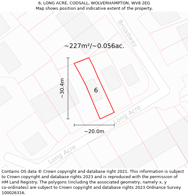 6, LONG ACRE, CODSALL, WOLVERHAMPTON, WV8 2EG: Plot and title map