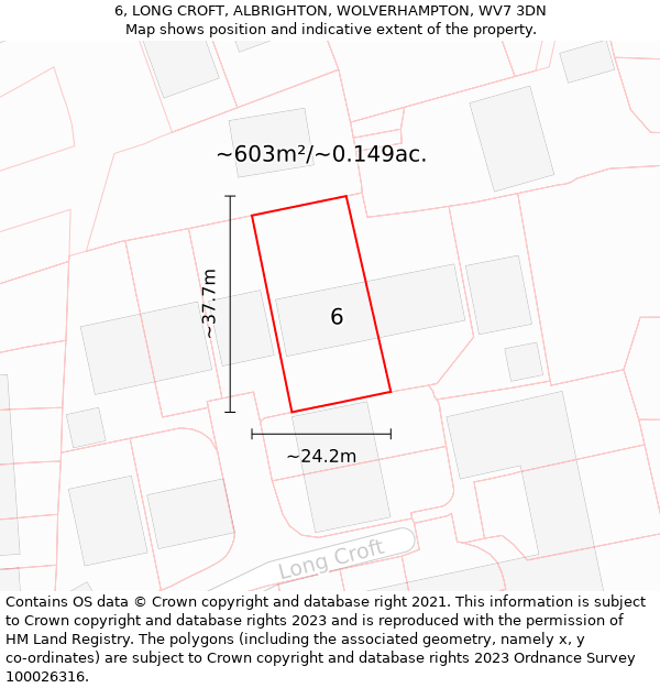 6, LONG CROFT, ALBRIGHTON, WOLVERHAMPTON, WV7 3DN: Plot and title map