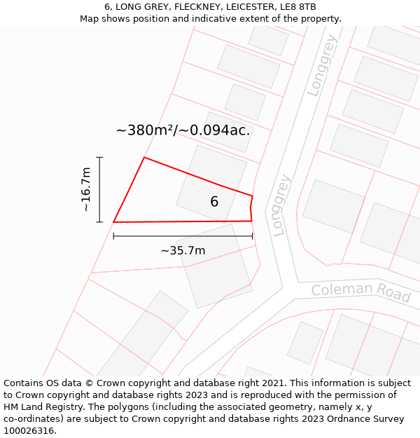 6, LONG GREY, FLECKNEY, LEICESTER, LE8 8TB: Plot and title map