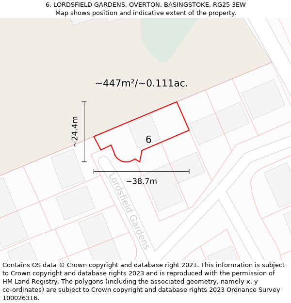 6, LORDSFIELD GARDENS, OVERTON, BASINGSTOKE, RG25 3EW: Plot and title map