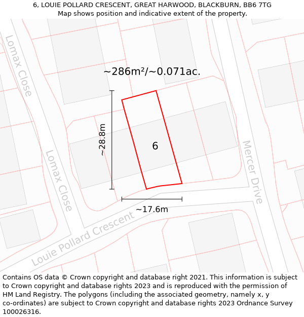 6, LOUIE POLLARD CRESCENT, GREAT HARWOOD, BLACKBURN, BB6 7TG: Plot and title map