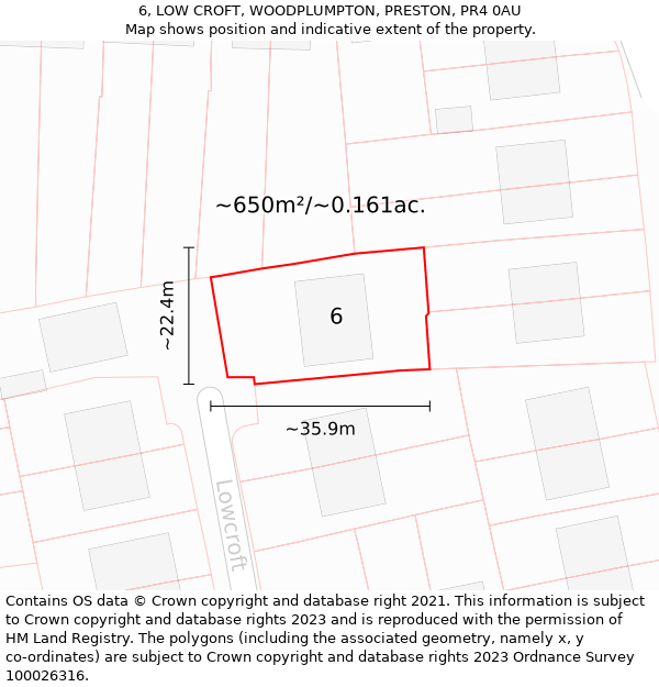 6, LOW CROFT, WOODPLUMPTON, PRESTON, PR4 0AU: Plot and title map