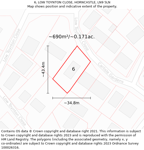 6, LOW TOYNTON CLOSE, HORNCASTLE, LN9 5LN: Plot and title map