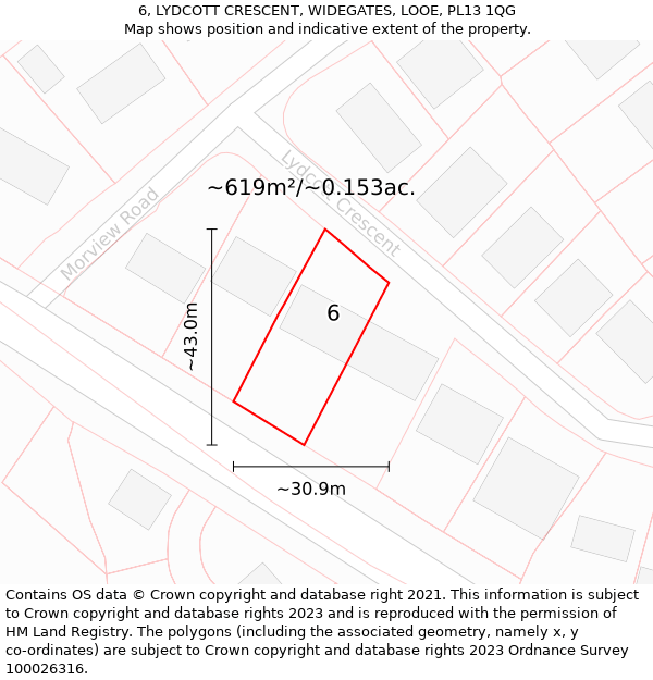 6, LYDCOTT CRESCENT, WIDEGATES, LOOE, PL13 1QG: Plot and title map