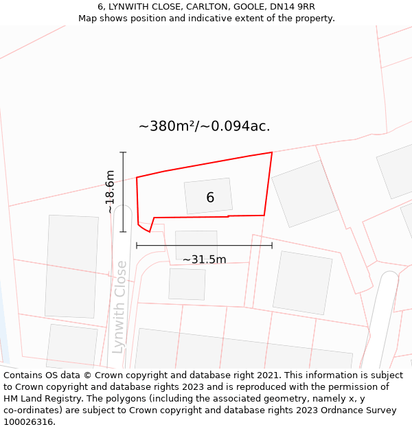 6, LYNWITH CLOSE, CARLTON, GOOLE, DN14 9RR: Plot and title map