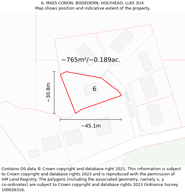 6, MAES CORON, BODEDERN, HOLYHEAD, LL65 3UA: Plot and title map