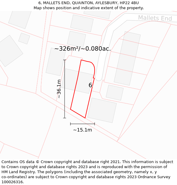 6, MALLETS END, QUAINTON, AYLESBURY, HP22 4BU: Plot and title map