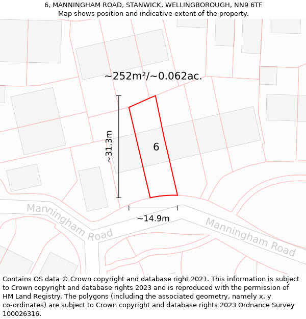 6, MANNINGHAM ROAD, STANWICK, WELLINGBOROUGH, NN9 6TF: Plot and title map