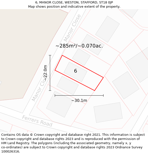 6, MANOR CLOSE, WESTON, STAFFORD, ST18 0JP: Plot and title map