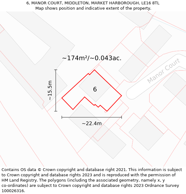 6, MANOR COURT, MIDDLETON, MARKET HARBOROUGH, LE16 8TL: Plot and title map