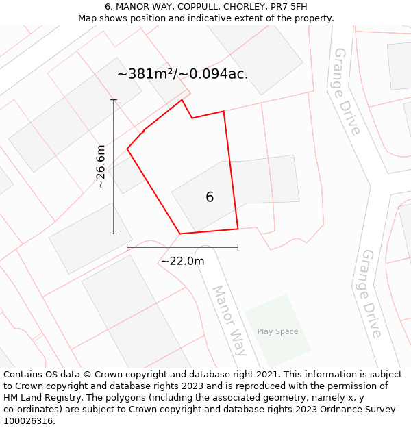 6, MANOR WAY, COPPULL, CHORLEY, PR7 5FH: Plot and title map