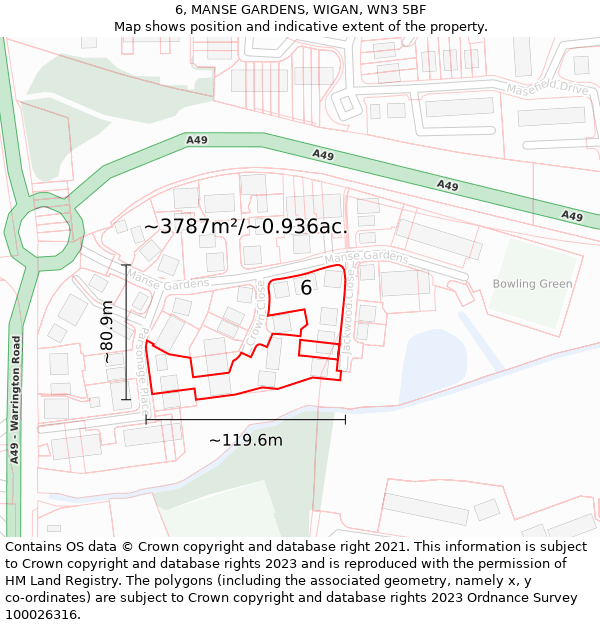 6, MANSE GARDENS, WIGAN, WN3 5BF: Plot and title map