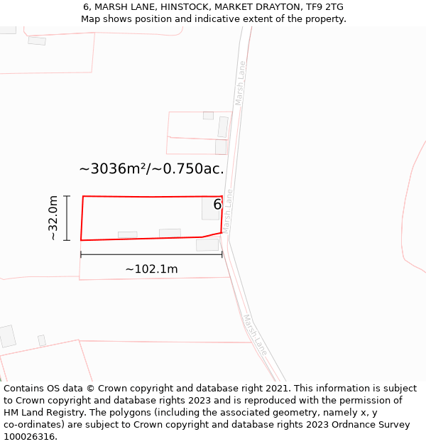 6, MARSH LANE, HINSTOCK, MARKET DRAYTON, TF9 2TG: Plot and title map