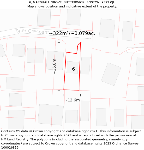 6, MARSHALL GROVE, BUTTERWICK, BOSTON, PE22 0JU: Plot and title map