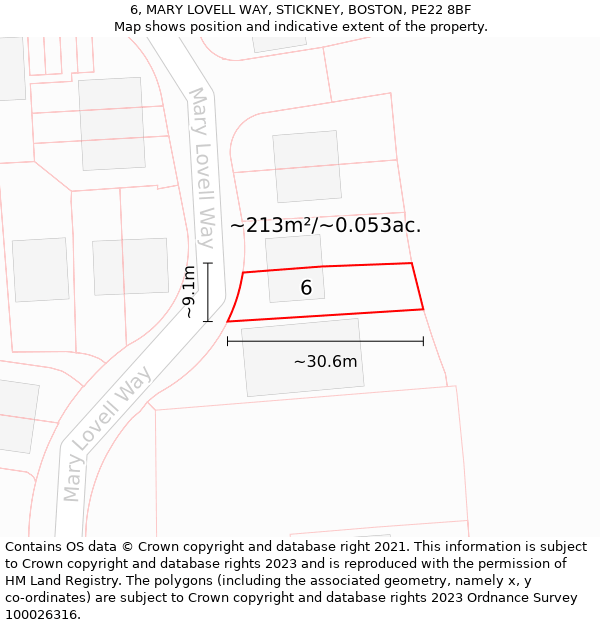 6, MARY LOVELL WAY, STICKNEY, BOSTON, PE22 8BF: Plot and title map