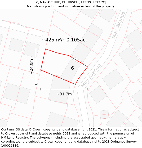 6, MAY AVENUE, CHURWELL, LEEDS, LS27 7GJ: Plot and title map