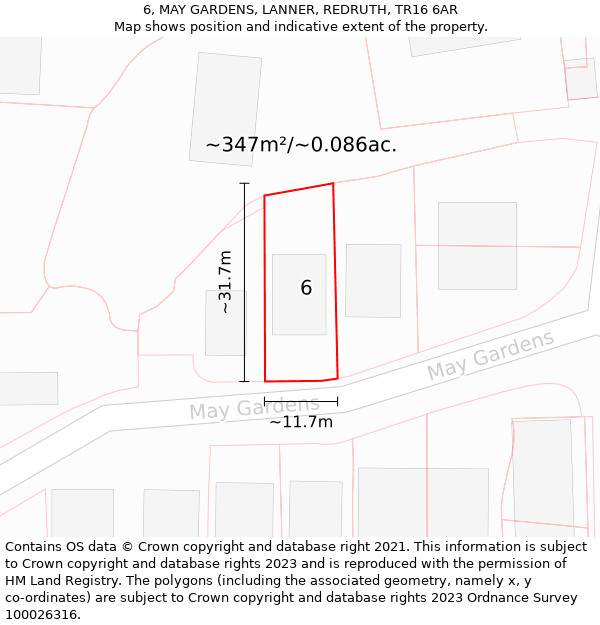 6, MAY GARDENS, LANNER, REDRUTH, TR16 6AR: Plot and title map