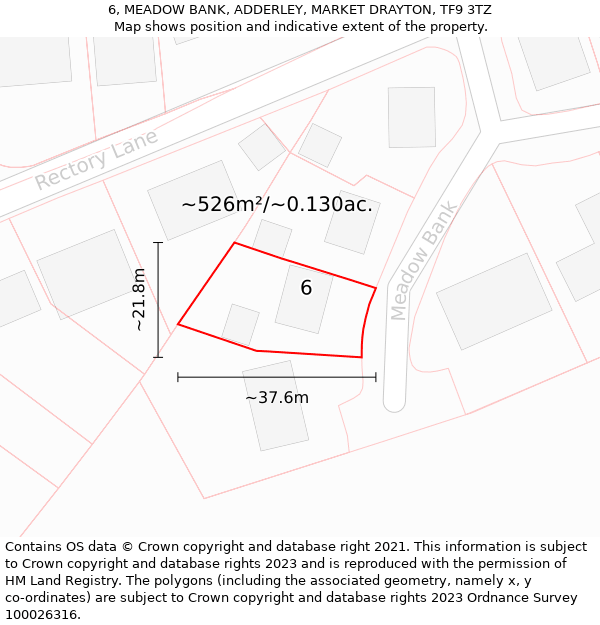 6, MEADOW BANK, ADDERLEY, MARKET DRAYTON, TF9 3TZ: Plot and title map