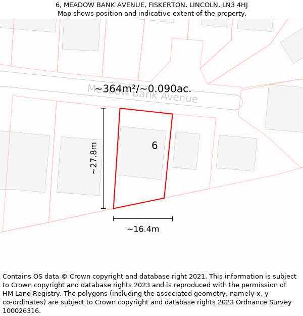 6, MEADOW BANK AVENUE, FISKERTON, LINCOLN, LN3 4HJ: Plot and title map