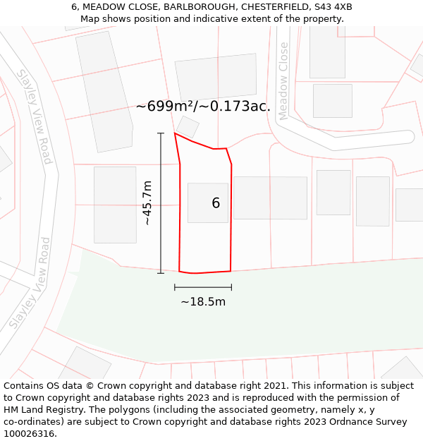 6, MEADOW CLOSE, BARLBOROUGH, CHESTERFIELD, S43 4XB: Plot and title map