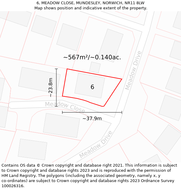 6, MEADOW CLOSE, MUNDESLEY, NORWICH, NR11 8LW: Plot and title map